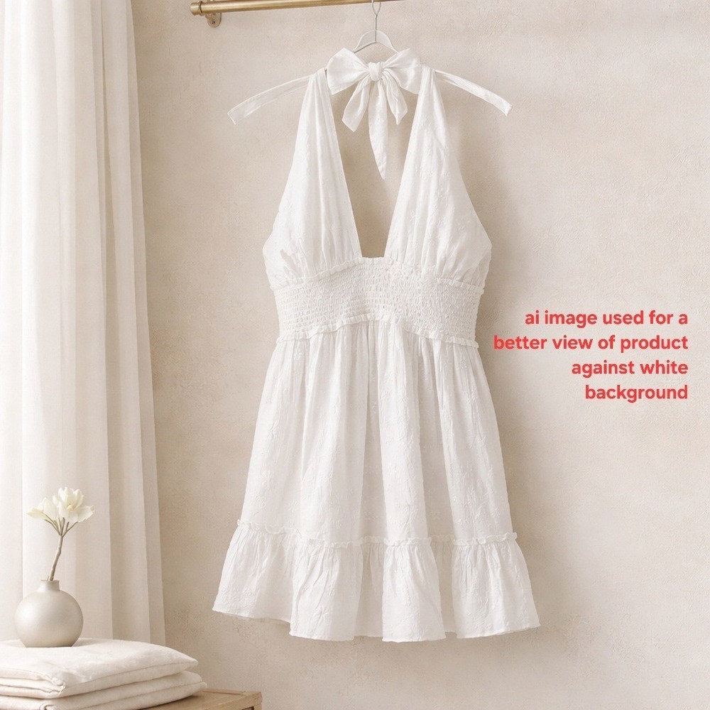Aerie White Eyelet Halter Mini Dress Smocked Waist Ruffle Hem New XL